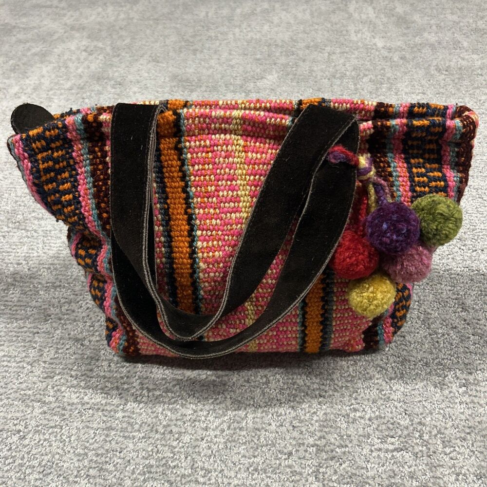 Peruvian Connection Wool Handbag Shoulder Bag Purse Zip Top Leather Straps